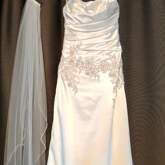 Satin Wedding Dress with Veil - Picture 1 of 5